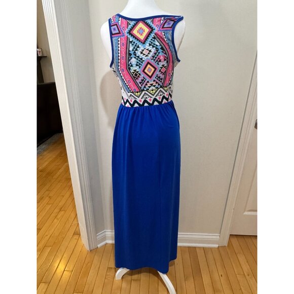 Boho Aztec Print Tank Maxi Dress Blue & Multicolor Sleeveless Scoop Neck Medium - Picture 2 of 5